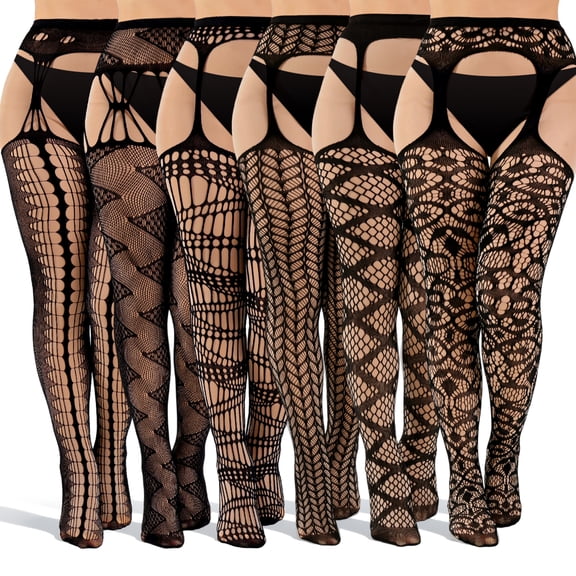 Bocaoying 6-Pack Lace Fishnet Suspender Thigh High Stockings for Women Black
