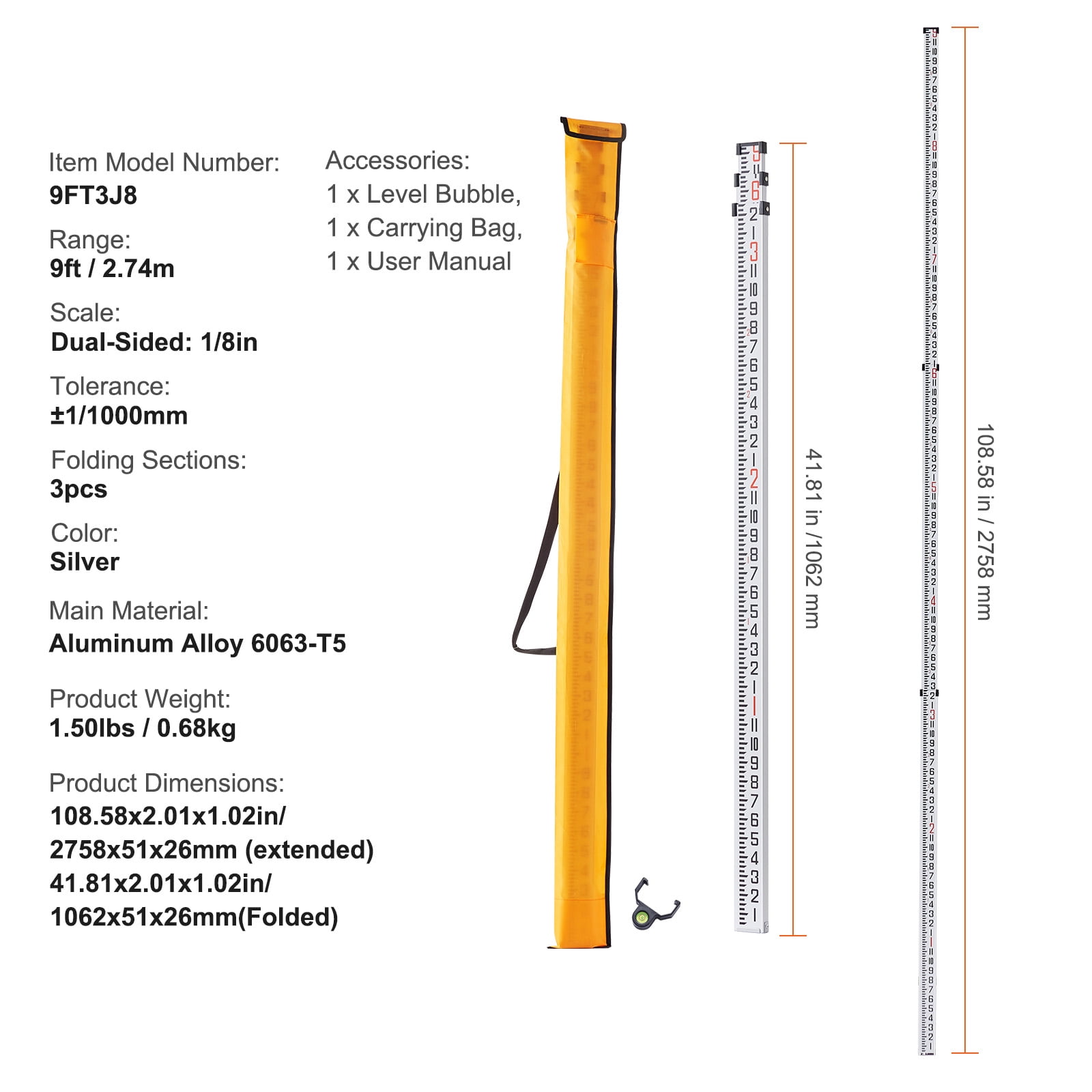 KFFKFF Aluminum Measuring Stick, 9-Ft/8ths, 3-Part Telescopic Rod, Dual-Sided 1/8in Scale, Alloy Leveling Rod with Bubble Level & Bag for Home, Wall, Floor Surveys