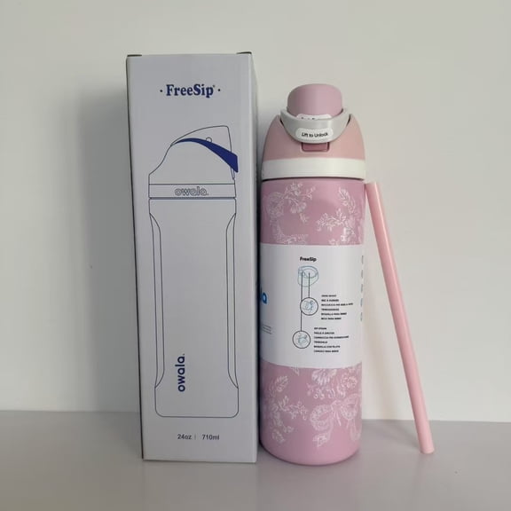 Owala FreeSip Stainless Steel Water Bottle, 24oz, pink and white