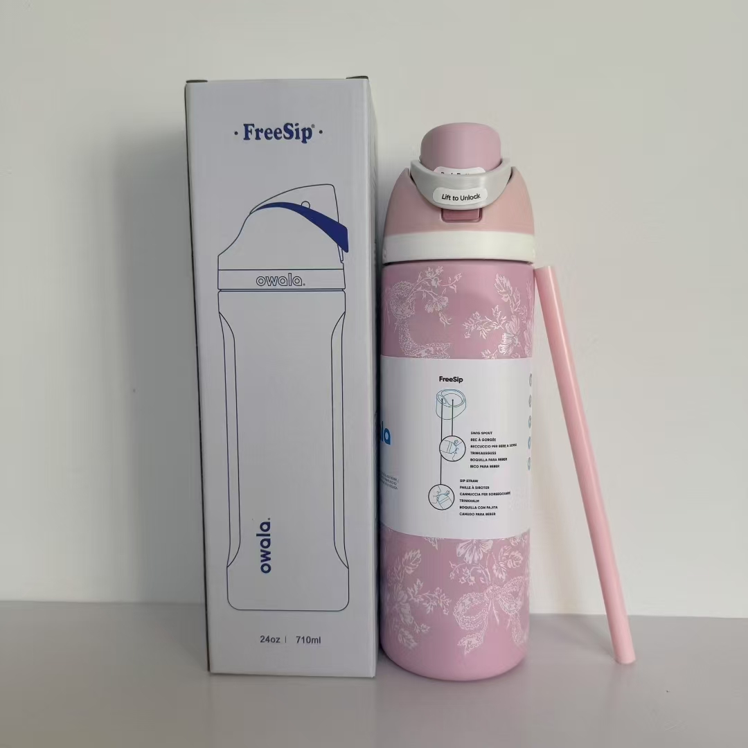 Owala FreeSip Stainless Steel Water Bottle, 24oz, pink and white