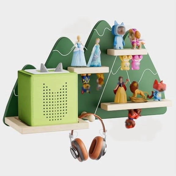 Tonie Wall Shelf (Mountain) for Toniebox, Tonies Figures Storage, Magnetic Wooden Floating Shelves Compatible with Tonie Box Player Character, Display Shelf for Children Kid's Room (Green)