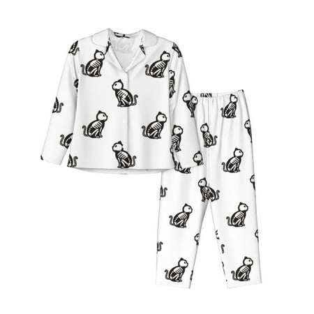 2 Piece Womens Pajama Sets - Black White Cartoon Cat Bones Soft Sleepwear Comfy Pajamas Ladies Pj Lounge Sets with Pockets  Long Sleeve Button Shirt and Pajama Pants Pjs Sets for Women
