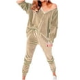 thumbnail image 1 of Conjunto de dos piezas para mujer, suave, liso, manga larga, cuello en V, Otoño Invierno, VelvetTops, pantalones largos de cintura alta, pantalones, traje informal Fridja  hfkajh100754, 1 of 6