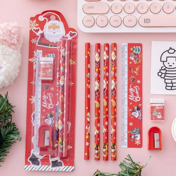 Vadktai Christmas Stationery Gift Set, Christmas Goodie Bag Fillers, Include 4 Christmas Pencil, Eraser, Ruler, Sharpener, Christmas Decoration Set, Stationary Gift Set Christmas
