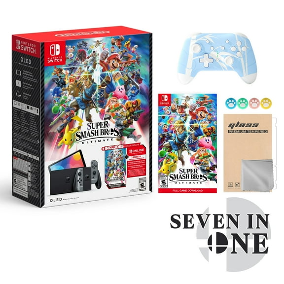 Nintendo Switch OLED Super Smash Bros. Ultimate Bundle: Gray Console, Super Smash Bros. & Membership, Mytrix Wireless Pro Controller Blue Bamboo and Accessories