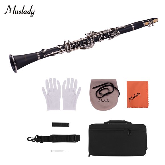 Muslady ABS Clarinette 17 Touches Sib Plat avec Étui de Transport Gants Chiffon de Nettoyage Mini Tournevis Étui pour Anches 10 Pcs Anches Instrument à Vent en Bois