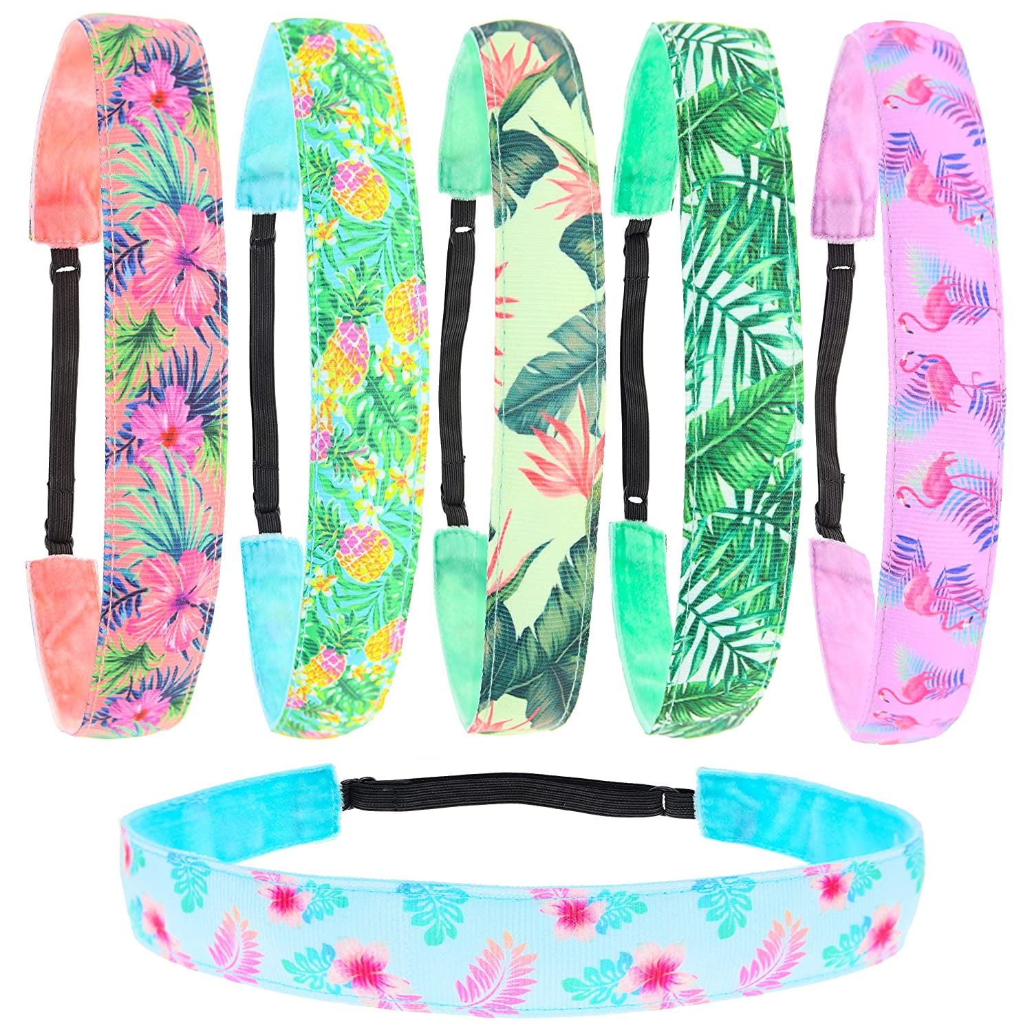 Frog Sac 6 Pcs Tropical Non-Slip Headbands for Girls - Adjustable Hair Accessories