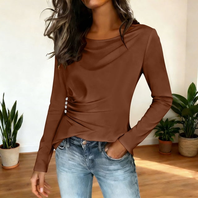 TaTaai Loose Long Sleeve Solid Blouse, Women's Casual Round Neck Top, Stylish Comfort Design, Perfect for Fall Winter Daily Use Gift