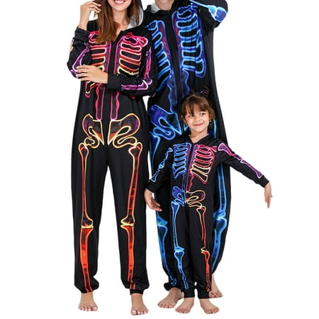 

JBEELATE Family Matching Halloween Onesies Pajamas Skeleton Printed Hooded Zippered PJs Holiday Loungewear for Men/Women/Kids