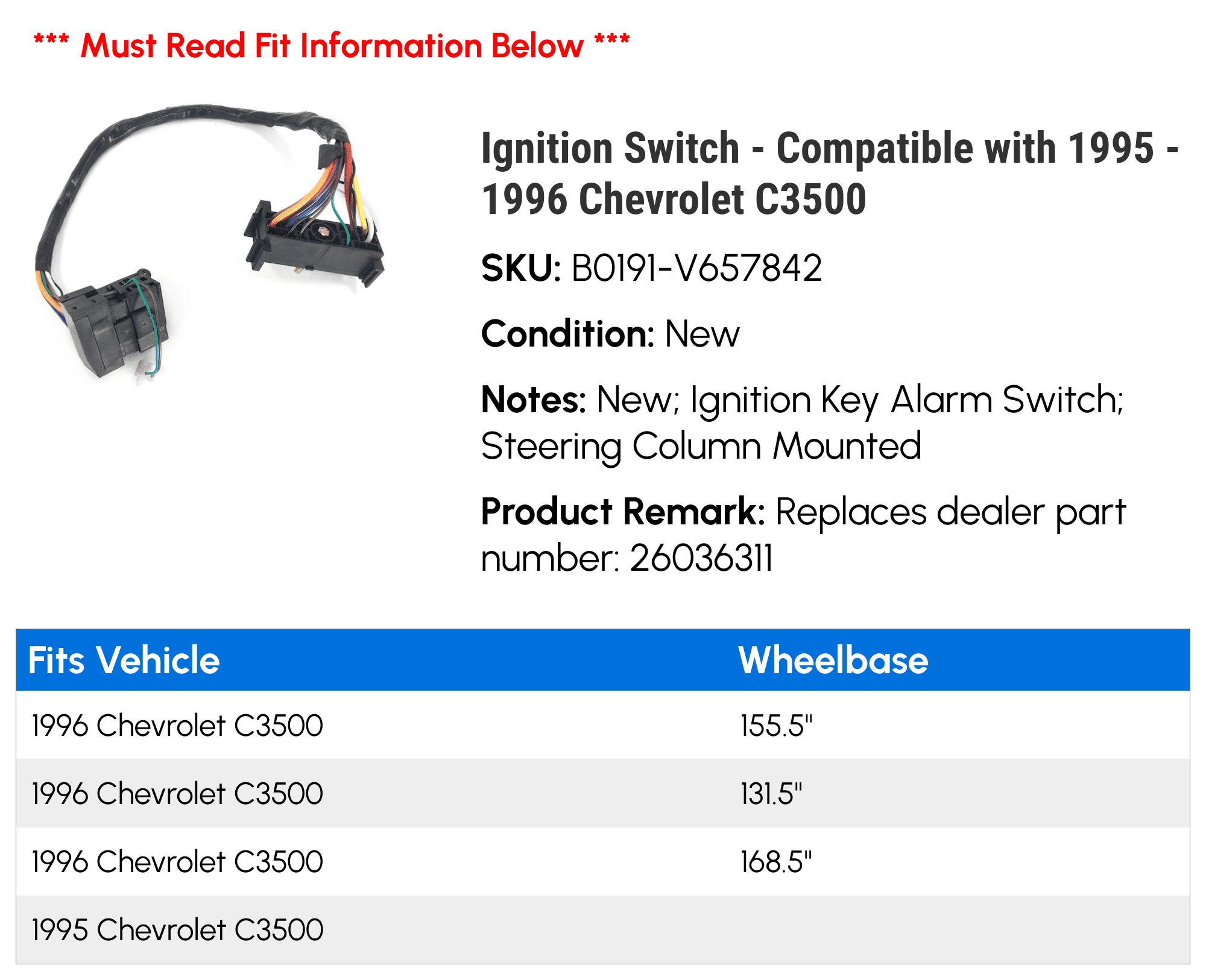 Ignition Switch - Compatible with 1995 - 1996 Chevy C3500
