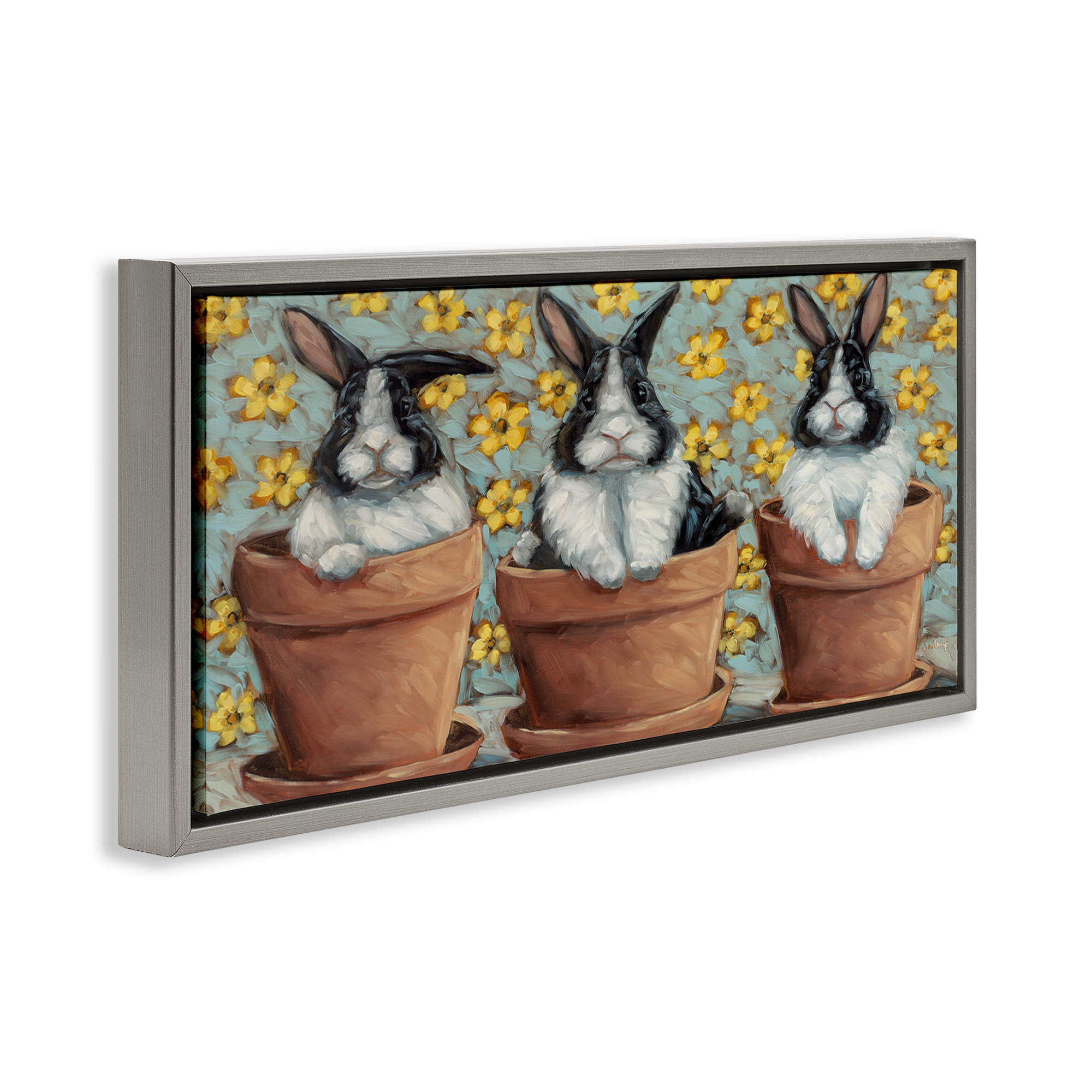 Stupell Industries Three Bunnies in Pots Animals & Insects Painting Gray Floater Framed Canvas Art Print Wall Art, 31 x 14