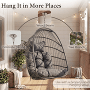 RADIATA Patio Hanging Egg Chair Without Stand, 5 Cushion 3-Second Folding Wicker Outdoor Swing Chair No Stand Tree or Ceiling Hanging for Garden, Porch, Balcony, 350 lb, Dark Gray