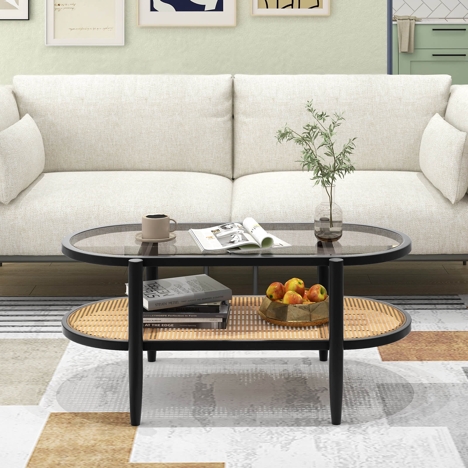 Costway 2-Tier Coffee Table Tempered Glass Top with PE Rattan Shelf & Acacia Wood Frame Black