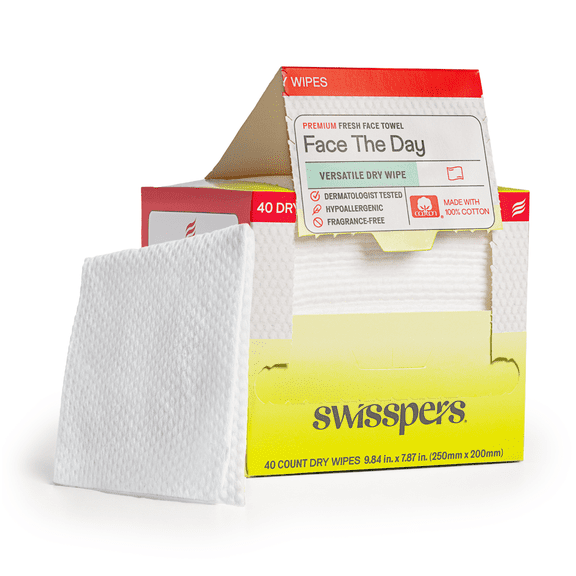Swisspers Face the Day Dry Wipes, Disposable Facial Towels, Large 100% Cotton Makeup Remover Wipes, Dermatologist-Tested, Hypoallergenic, Soft & Strong, Fragrance-Free, Lint-Free, 40 Count