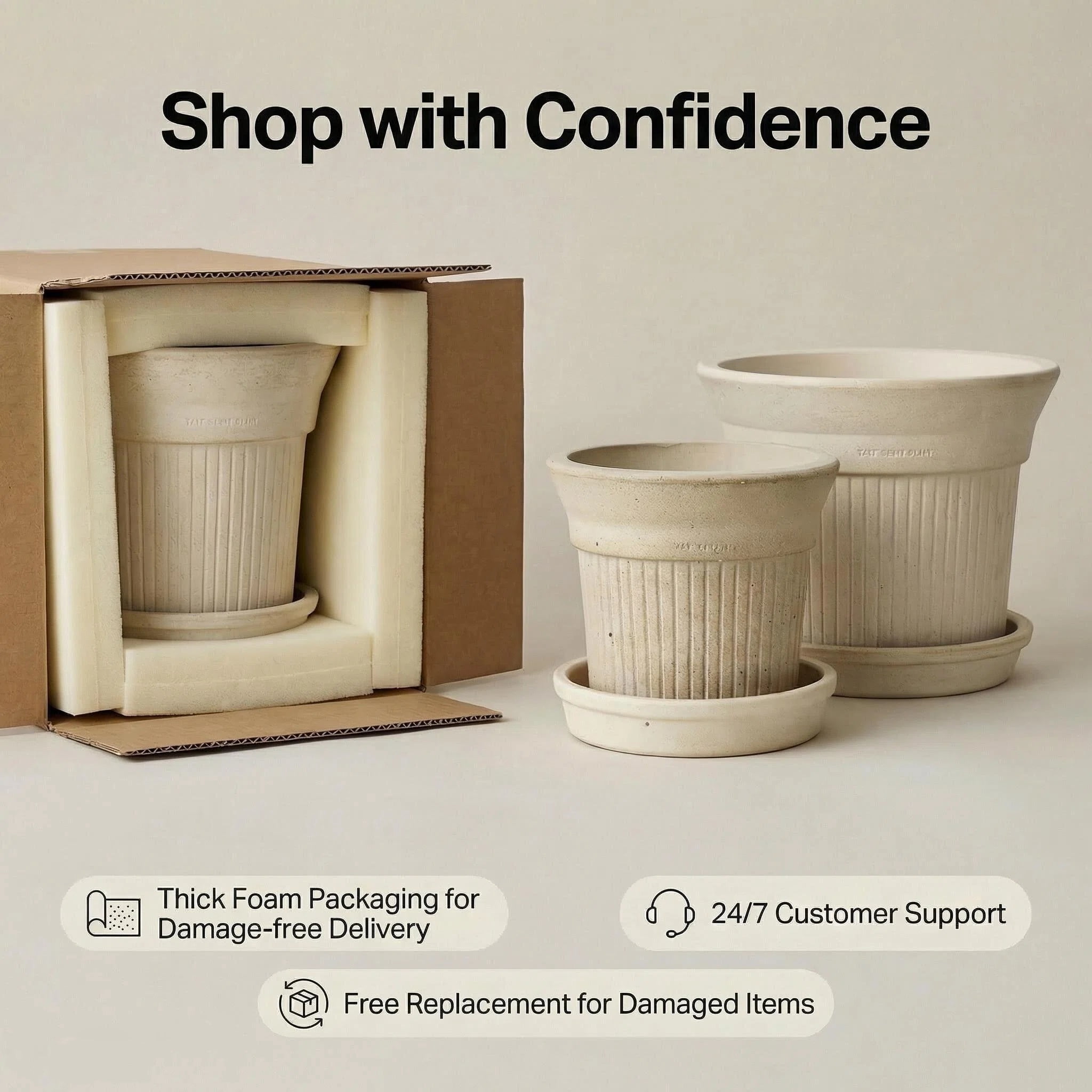 2 Pack Striped Clay Planters 6 Inch and 8 Inch Indoor Outdoor Flower Pots with Saucers, Modern Decorative Plant Pots with Drainage Holes for Home Garden Patio