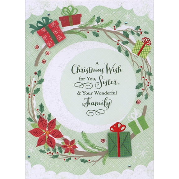 Designer Greetings Green and Red 3D Die Cut Gifts, Gems on Circular Branch Border with Poinsettias Hand Decorated Christmas Card for Sister and Family