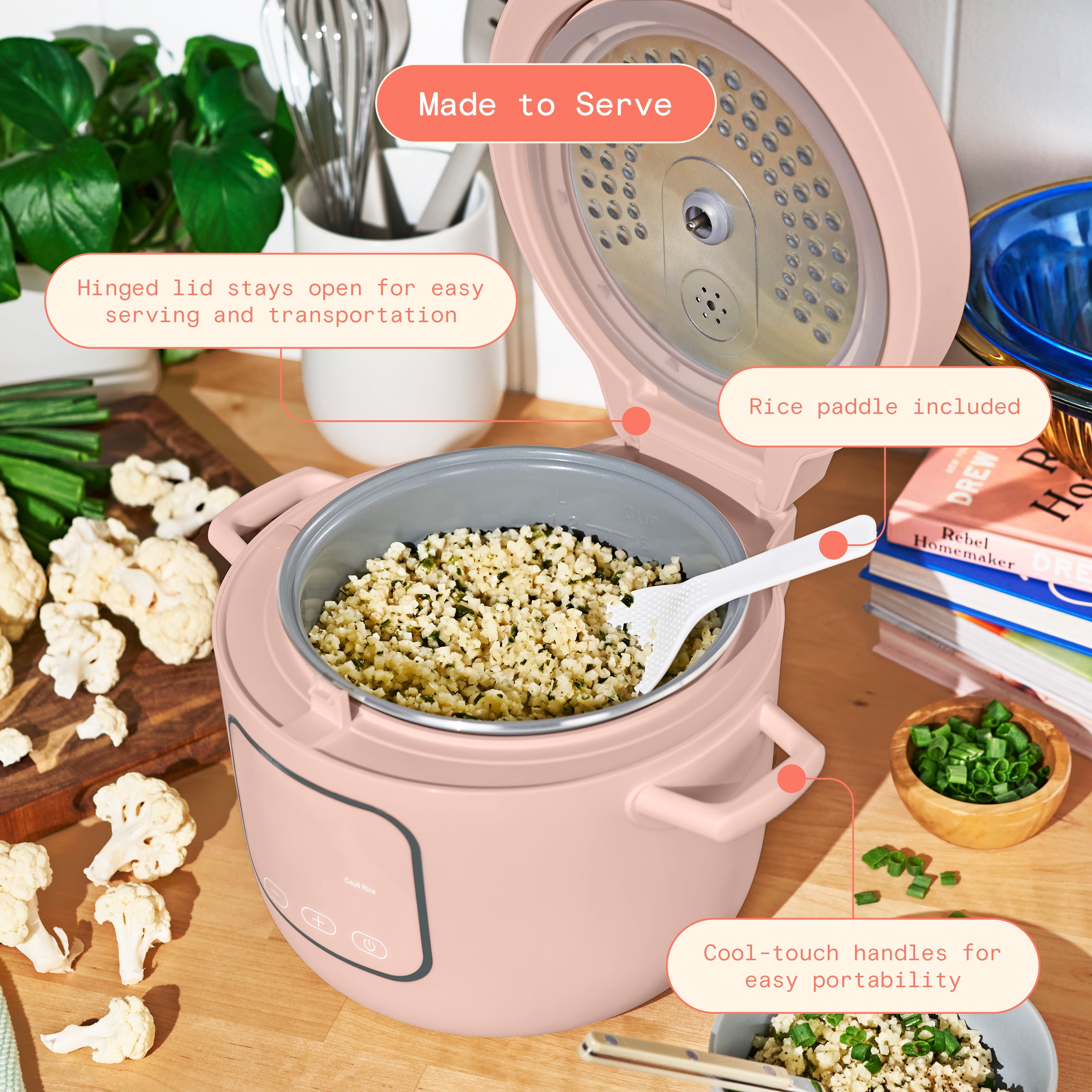 Beautiful 14-Cup Cooked, 6-Cups Uncooked Electric Rice and Grain Cooker, EverGood™ Ceramic Nonstick Coating, Rose by Drew Barrymore
