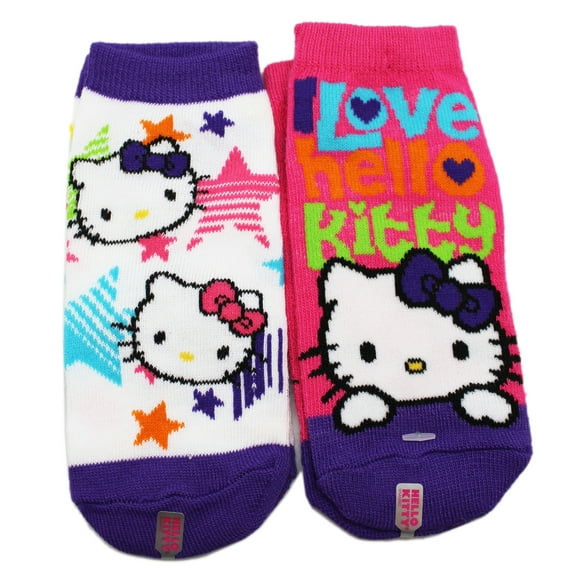 Hello Kitty Pink Socks and Purple/White Star Kids Socks (2 Pairs, Size 6-8.5)