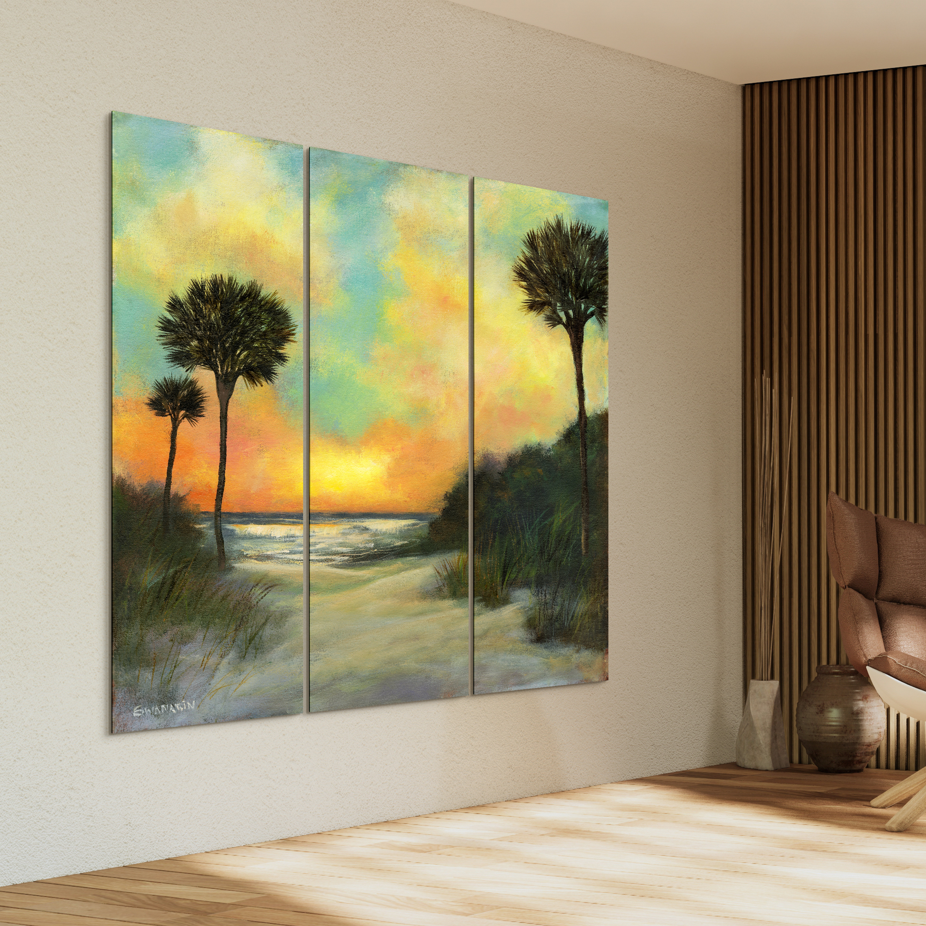 "Seaside Sunset" Frameless Free Floating Reverse Printed Tempered Art Glass Wall Art