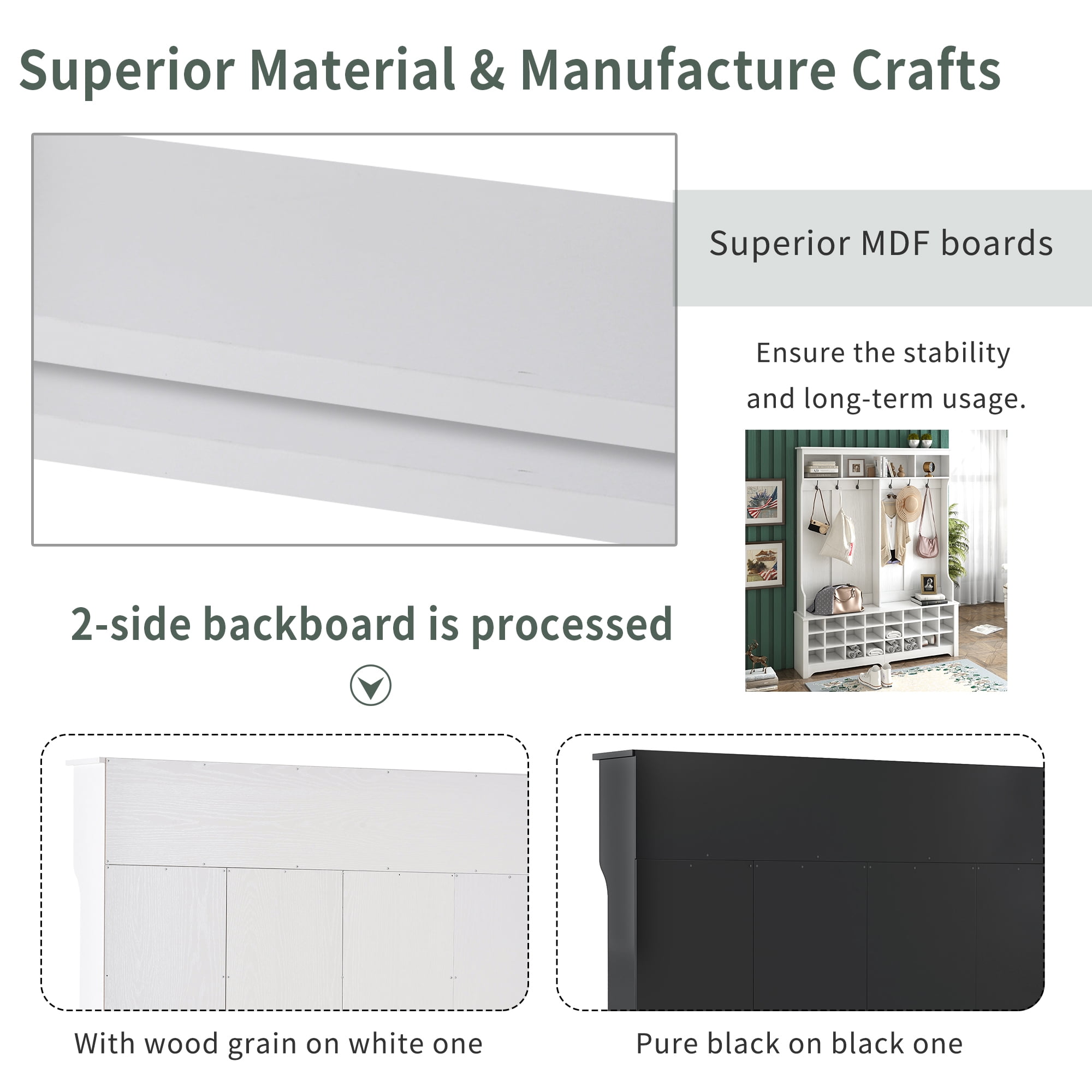 MAYEERTY Modern Hallway Coat Rack with Ample Storage Space: 60" Bench, 24 Shoe Cubbies, Metal Hooks, White