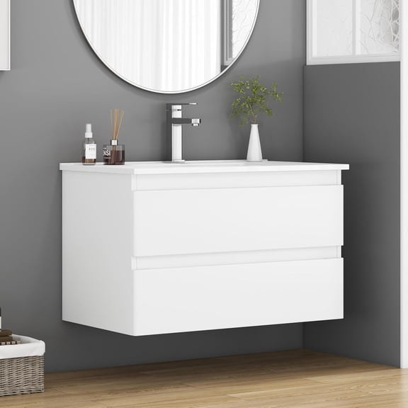 Villachico 32-Inch Wall-Mounted Bathroom Vanity with Sink Combo, Double Drawers, Rounded Drawer Fronts,Soft-Close System,Ceramic Sink,No Handle Design,Solid Wood,Easy to Install,White