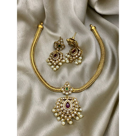 Matte Finish Gold Plated Choker Necklace Set - Indian Wedding Jewelry with Ruby, Green Stones & White Pearls, High-Quality Jewelry Set for Women