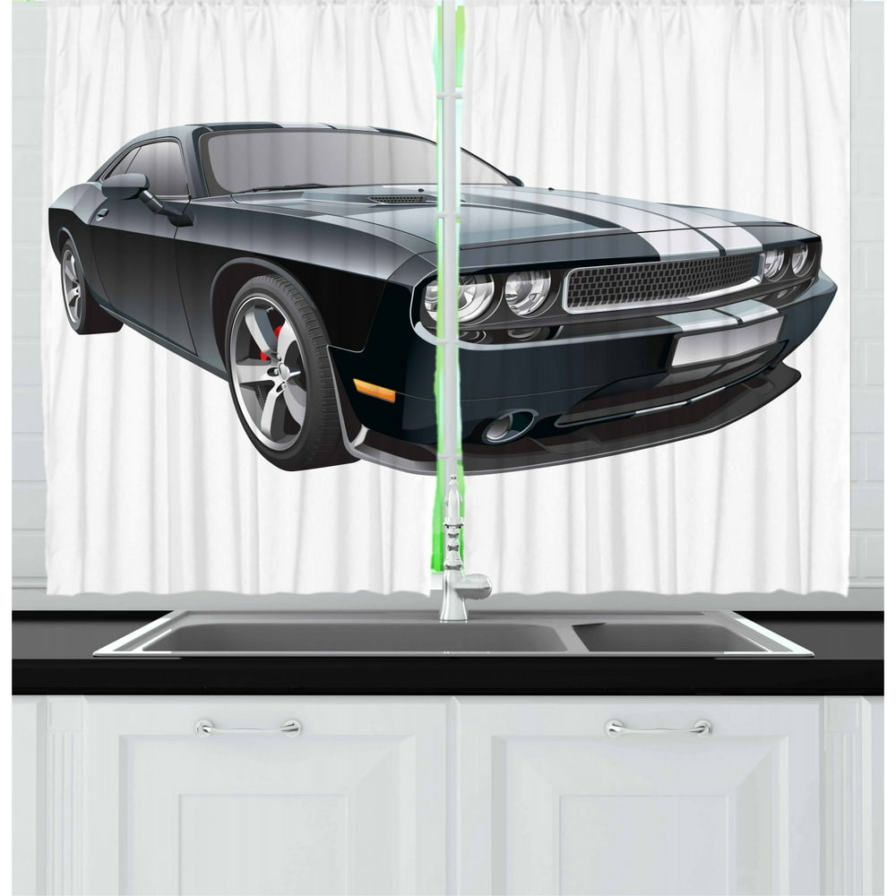 Cars Curtains 2 Panels Set, Black Modern Pony Car with White Racing