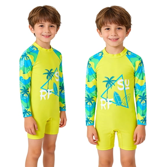 Boys Swimsuit Size 3-4Y Long Sleeve Flat Front Shorts Style One Piece Swimsuit with Print Boys Swim Set