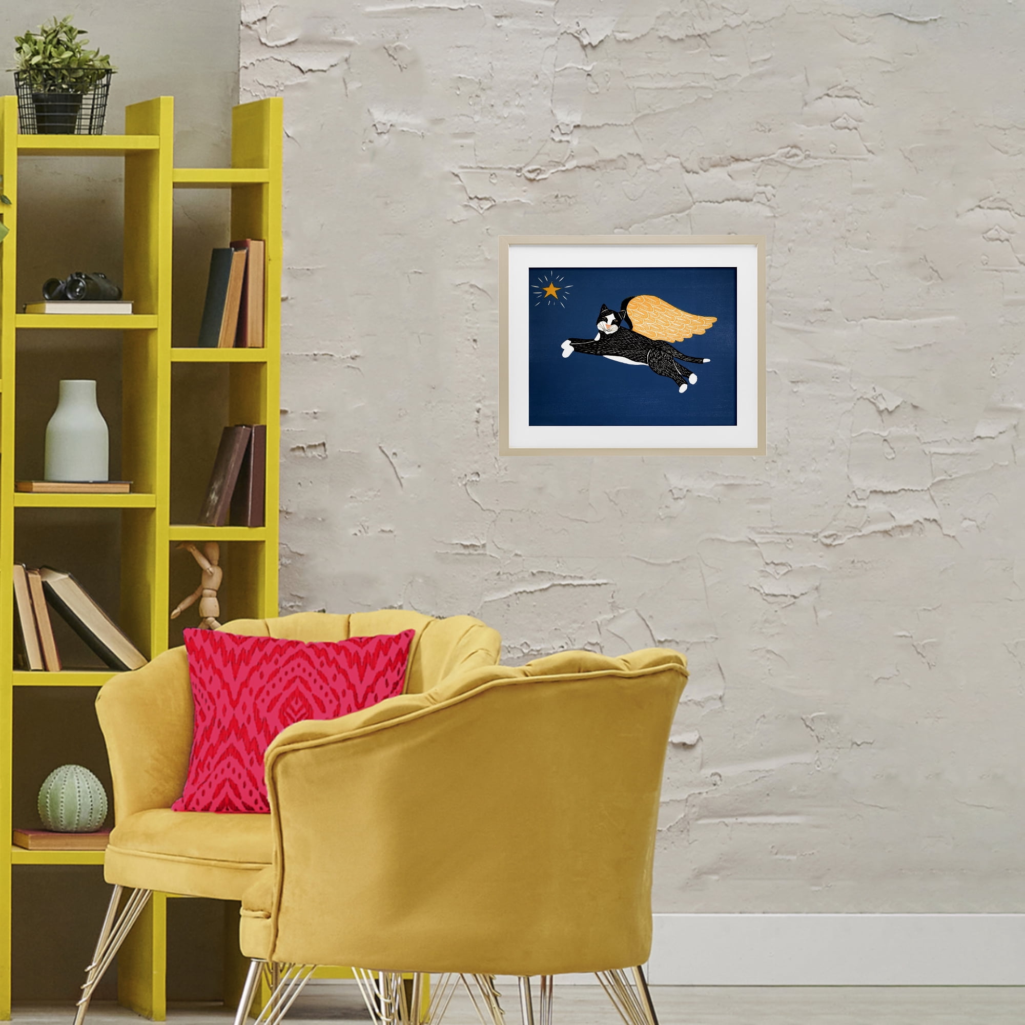 Angel Cat with Star Birch Framed Print Under Glass, design by Stephen Huneck