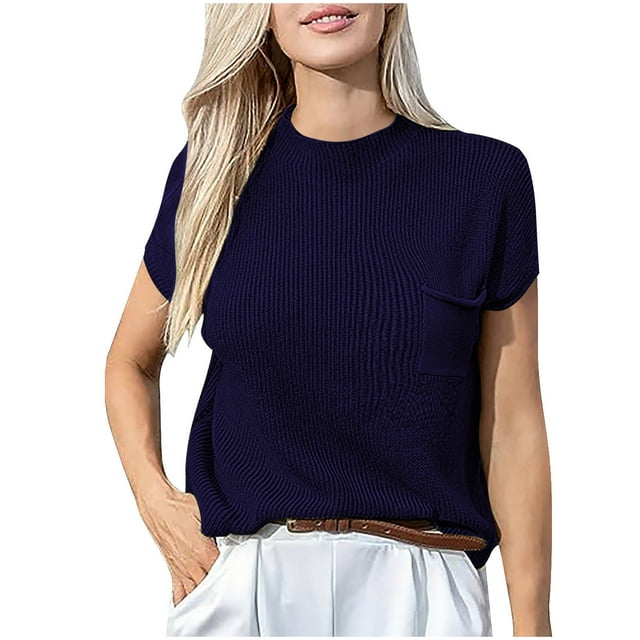 cfhntfmh Chandail à Manches Courtes pour Femmes Printemps Été Col Rond chandail Côtelé Gilet avec Poche
