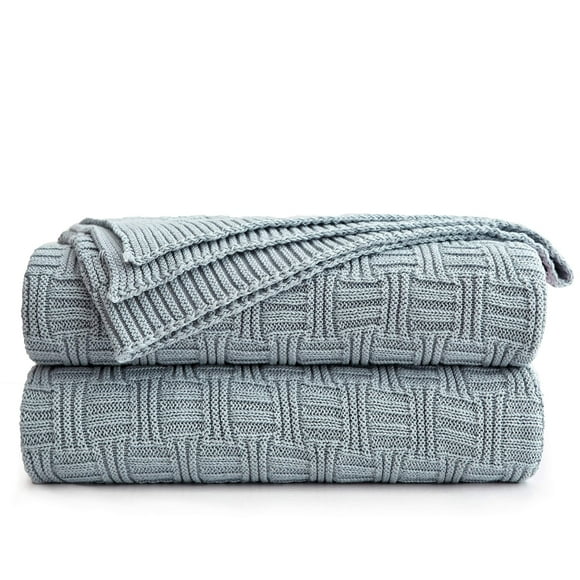 Grey Blue Cotton Knit Throw Blanket for Couch Sofa Bed - Home Decorative Soft Cozy Sweater Woven Fall Cable Knitted Blankets - Blue Gray 2.3 pounds 50 x 60 Inch