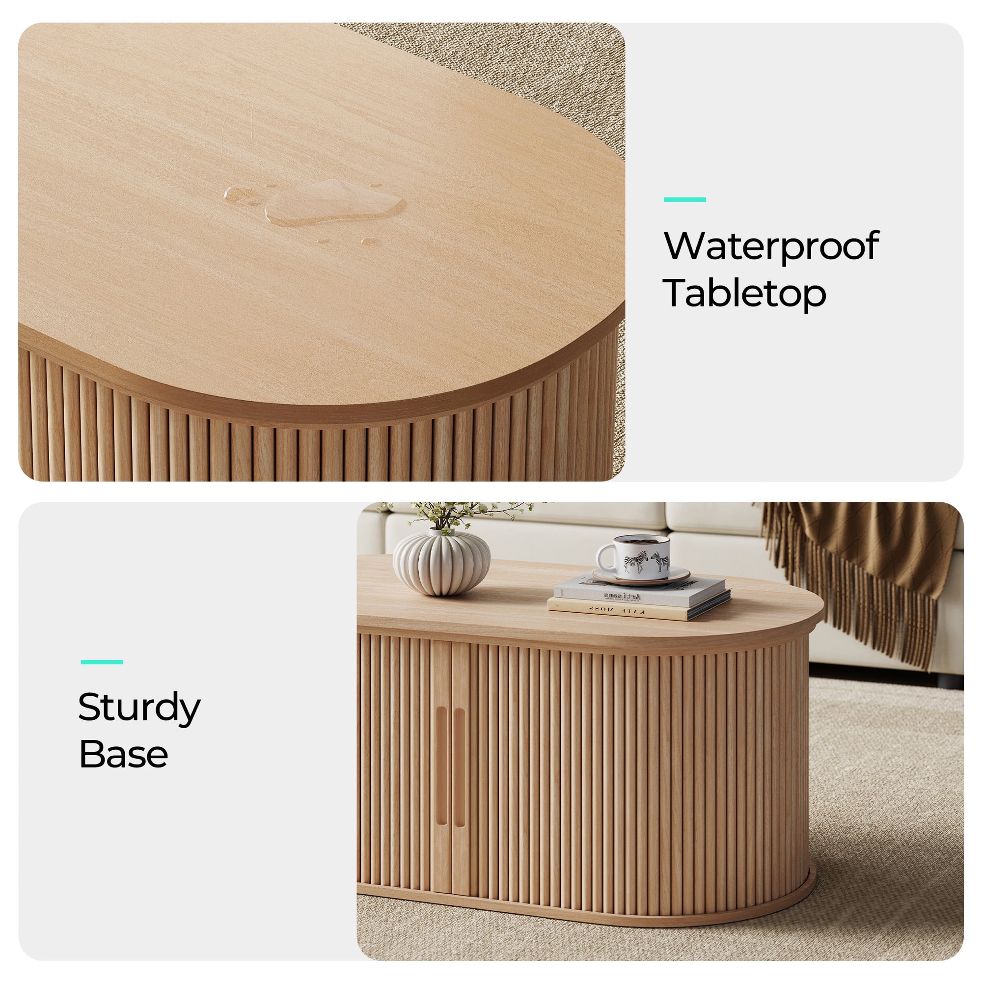 Linsy Home Lift Top Coffee Table with Storage, Fluted Coffee Table for Living Room with Open&Hidden Storage Space, Oak