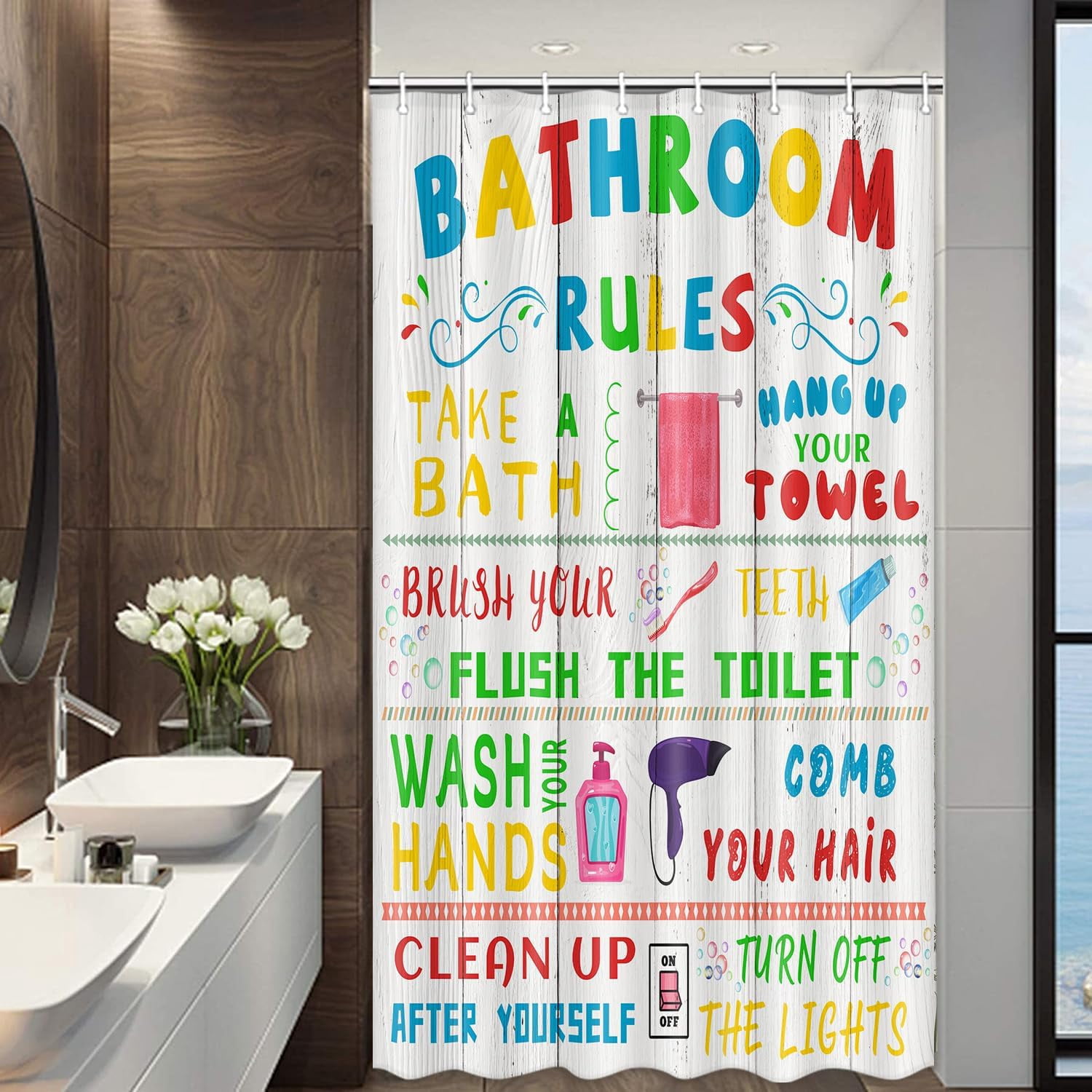 Kids Shower Curtain, Funny Teen Boy Girl Shower Curtain Set for College Dorm Bathroom, Cute Colorful Bathroom Rules Fabric Shower Curtain Restroom Bathtub Decor Accessories with Hooks 36X 72 inch