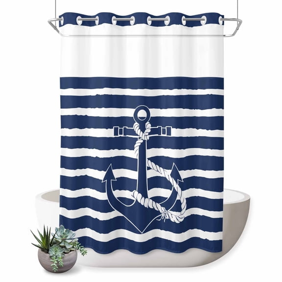 No Hook Shower Curtain, Navy Blue Anchor Nautical Shower Curtains for Bathroom with See Through Top Window, Navy Blue Striped Farmhouse Waterproof & Washable Bath Curtain Extra Long 72"x84"