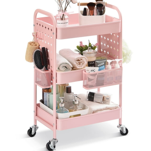 TOOLF 3-Tier Rolling Cart, Utility Storage Cart with DIY Dual Pegboards, Organizer Serving Trolley, Pink