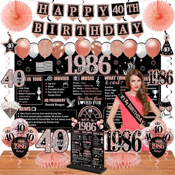 40th Birthday Decorations for Women, 25PCS Black Rose Gold Happy 40th Birthday Banner Vintage 1986 Backdrop Back in 1986 Wooden Table Poster Hanging Swirls Balloons Sash Paper Fans Party Supplies Kit