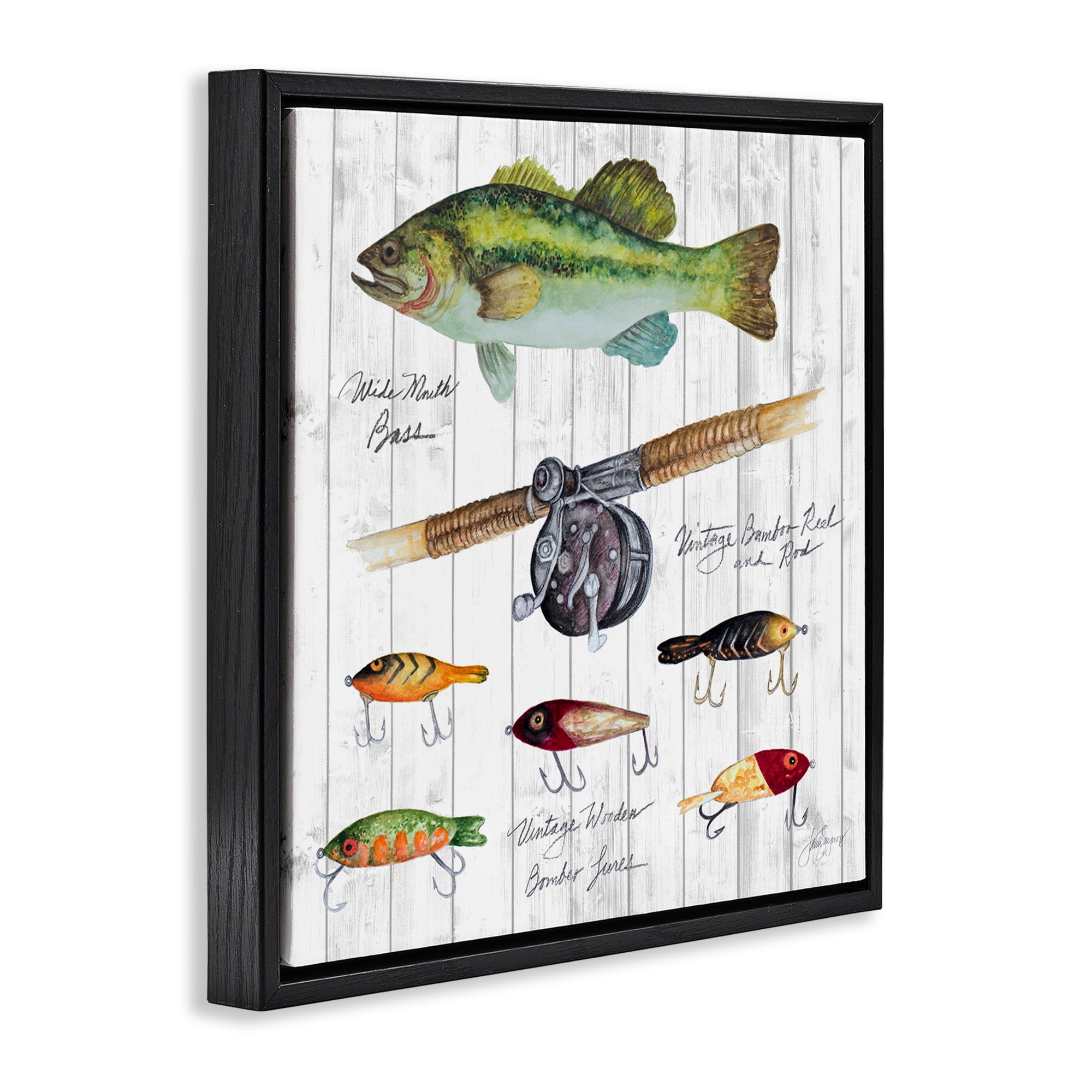 Stupell Industries Fishing Lure Diagram Nautical & Beach Painting Black Floater Framed Canvas Art Print Wall Art, 25 x 25