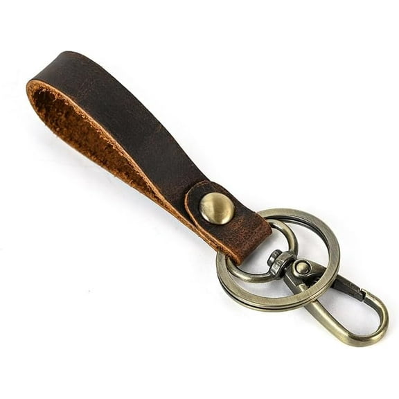 1set Cowhide Leather Keychain with Belt Alloy Ring and Clasp for Car Key Holder Coffee 10.5cm