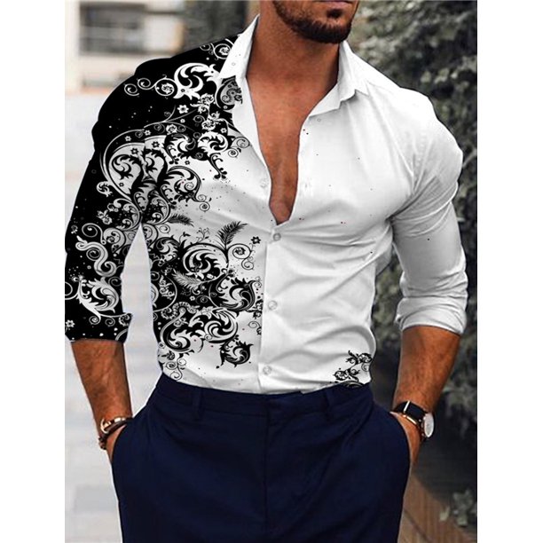 Camisa de hombre con estampado floral, manga larga, botones hacia abajo, verde, negro, azul, rojo, marrón, para uso diario, vacaciones, moda, informal, transpirable