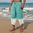 thumbnail image 2 of hotojiny Cotton Linen Pants Men Fashion Color Block Harem Capri Pants Baggy Drawstring Beach Yoga Cropped Trousers with Pockets, 2 of 6