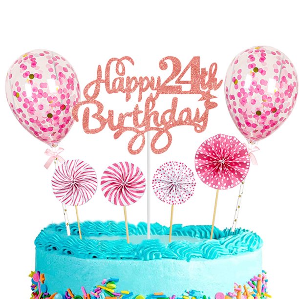 Abanico de flores de papel rosa de 5 pulgadas con lentejuelas y globos para decorar tartas de feliz cumpleaños con papel brillante