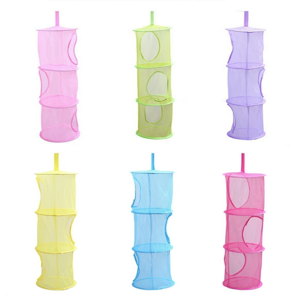 HOMEMAXS Hanging Mesh Space Saver Bags Organizer 3 Compartments Toy Storage Basket for Kids Room (Pink)