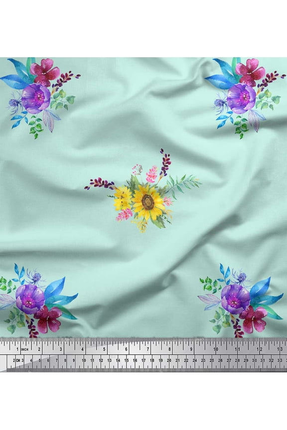 Green Poly Georgette Fabric Sunflower & Peony Floral Decor Fabric Printed Yard 42 Inch Wide