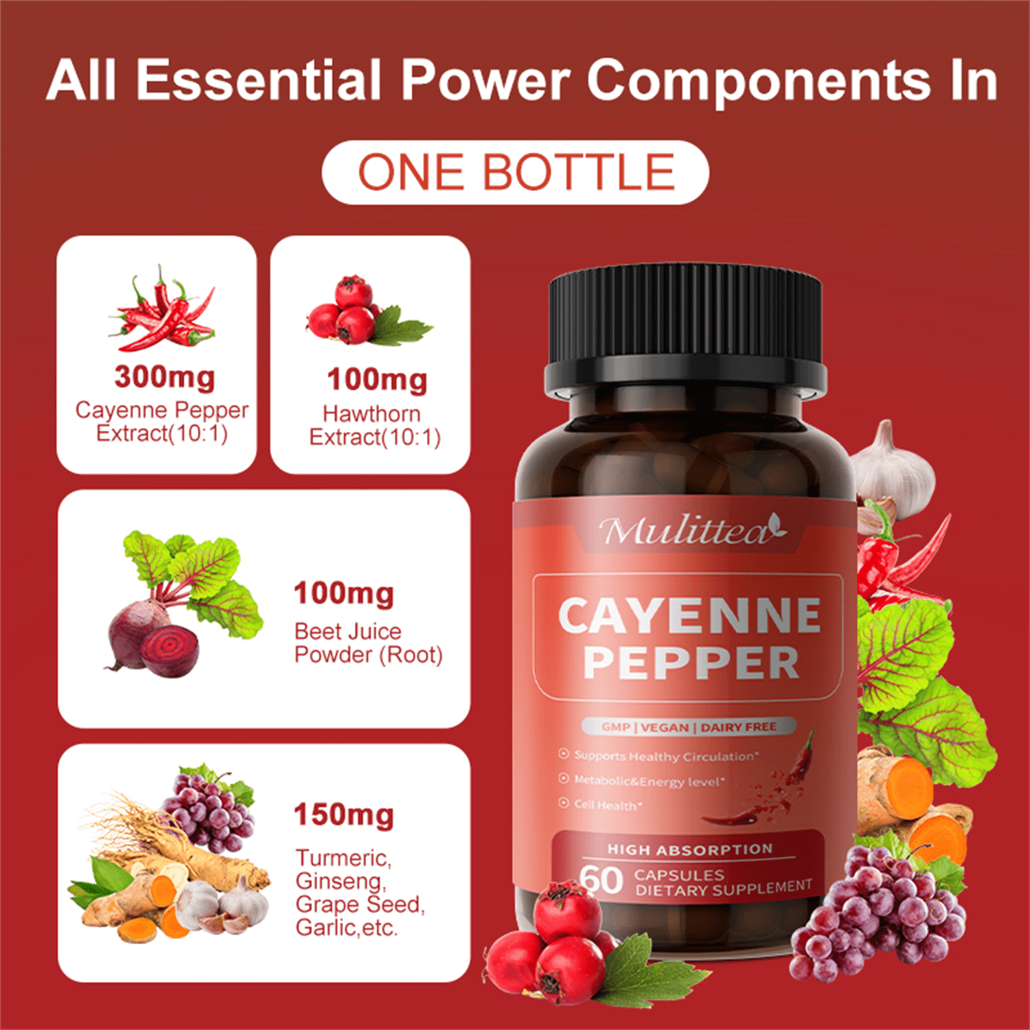 (2 Pack)Advanced Heart & Blood Flow Support | 12-in-1 Formula with Nattokinase 20,000FU, Hawthorn, Cayenne Pepper | Non-GMO Vegan Capsules By Mulittea