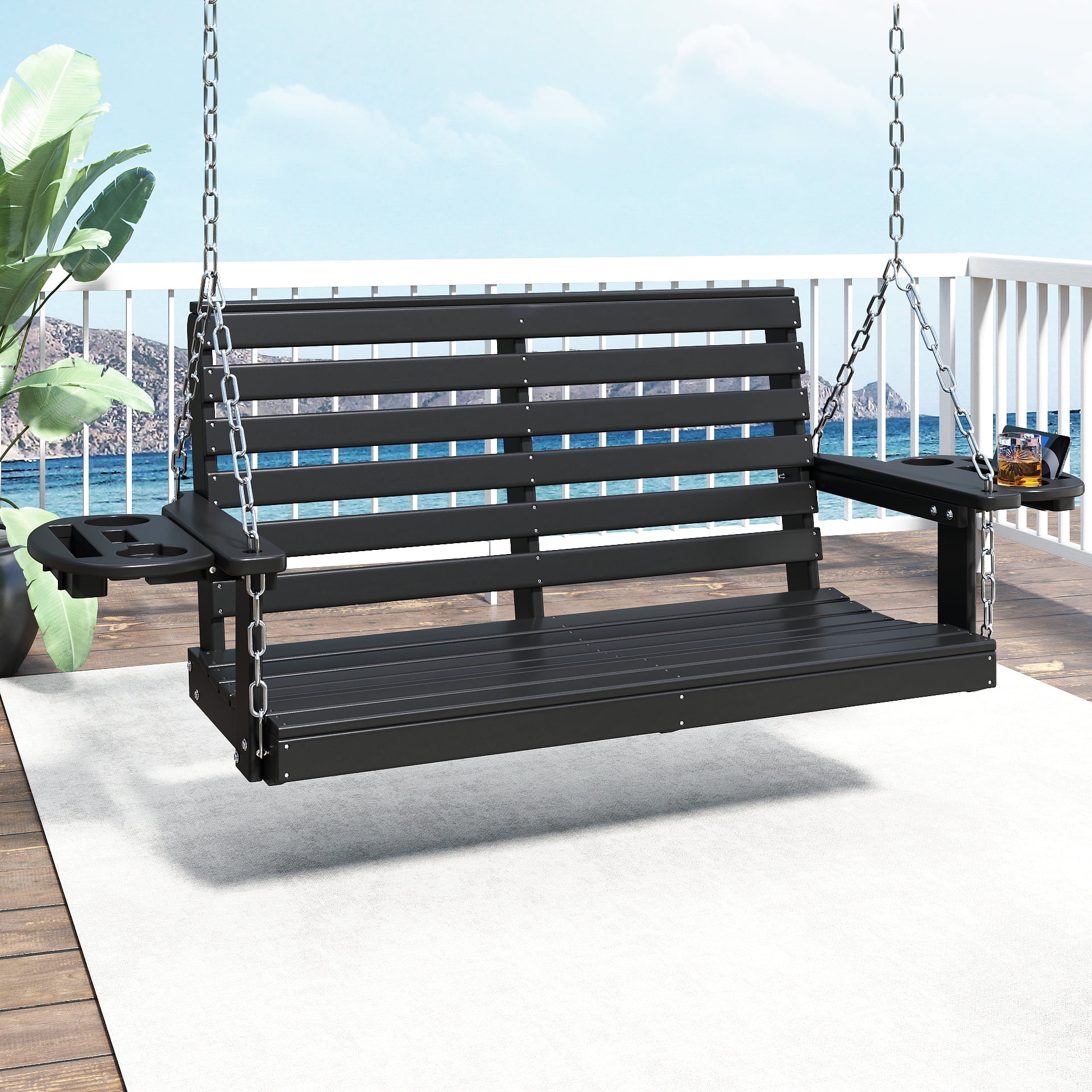 Living Accents 3 person Black Steel Swing and Table Set Blue