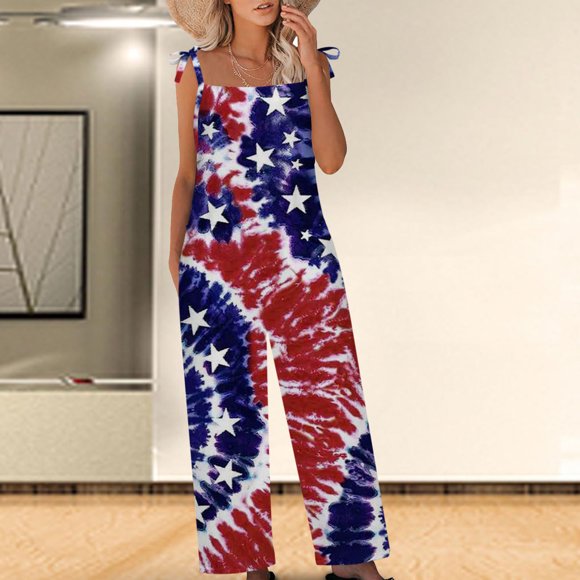 Virmaxy Jumpsuits for Women Independence Day Star Spangled Print Rompers Sleeveless Adjustable Straps Coveralls Wide Leg Overalls For Women Loose Fit Red XS