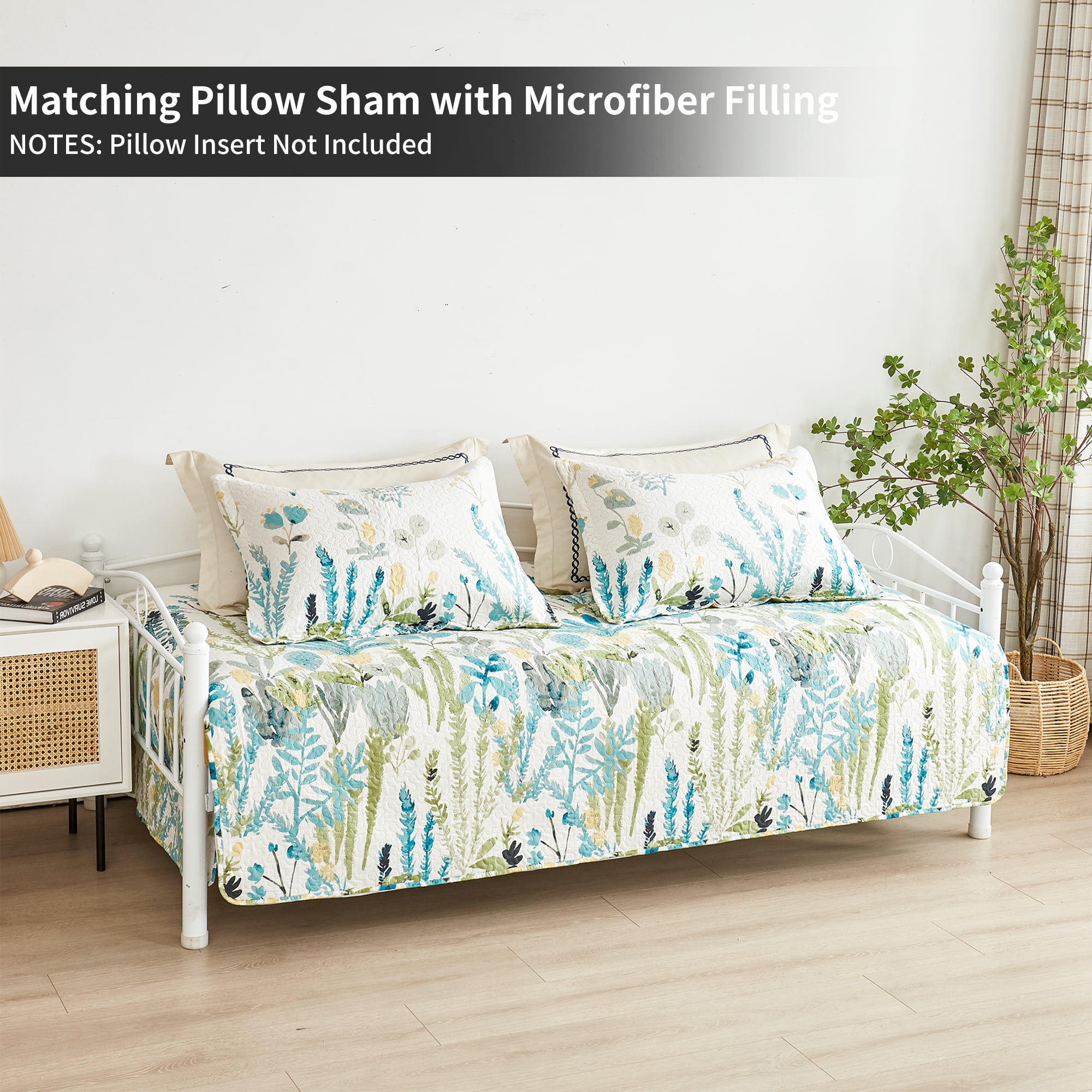 Smuge 3 Piece Daybed Cover Set, Double Sided Quilting Classic Design for All Season, Matching 2 Shams, 39"x75", Blue Green Leaf