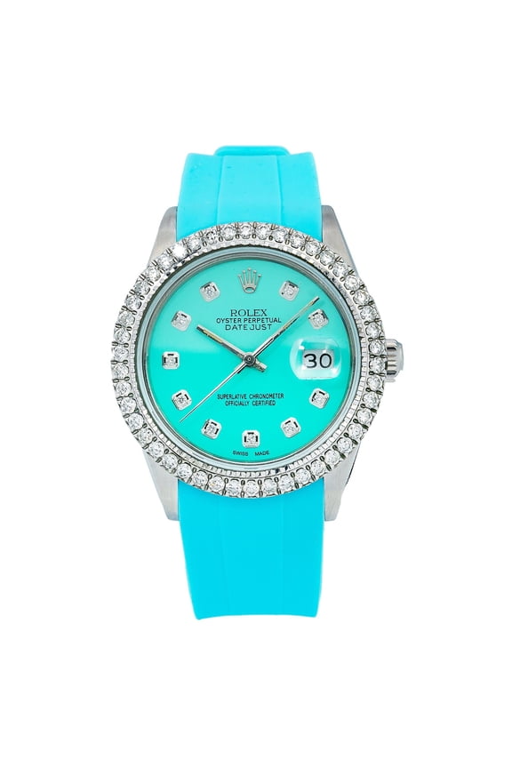 Pre-Owned Rolex Datejust 36MM 16014 Turquoise Diamond Dial Diamond Bezel Blue Rubber Strap