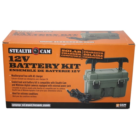 STEALTH CAM 12V Battery Box Kit - Portable Compact Waterproof Sealed Battery Charging Box for Hunting Trail Cameras w/ External Power Jack | AC Charger, 10Ft Steel Cable Included