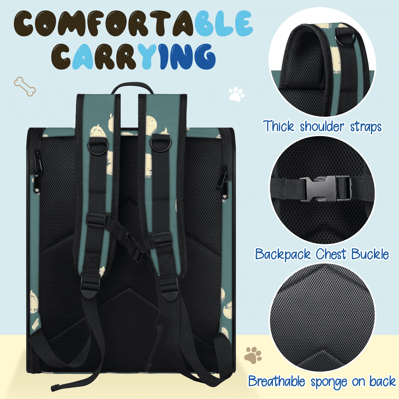 Dog Backpack Carrier, Breathable Pet Carrier for Small Dog & Cat, Lightweight Travel Backpack, Paw Print Pattern